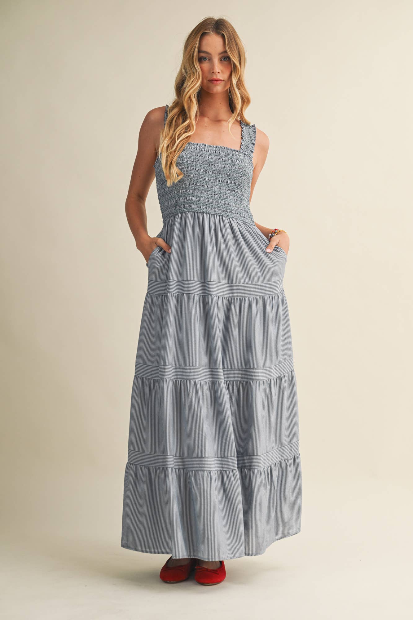 Square Neck Smocked Tiered Maxi Dress