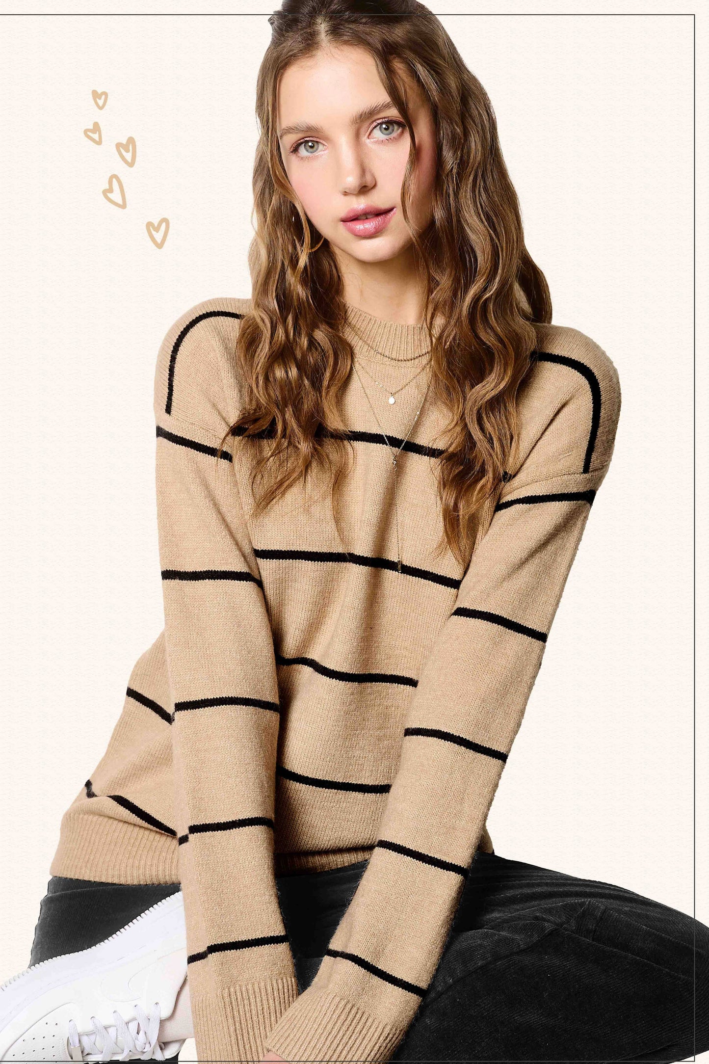 HCS3553-Loose Fit Stripe Long Sleeve Crewneck Sweater