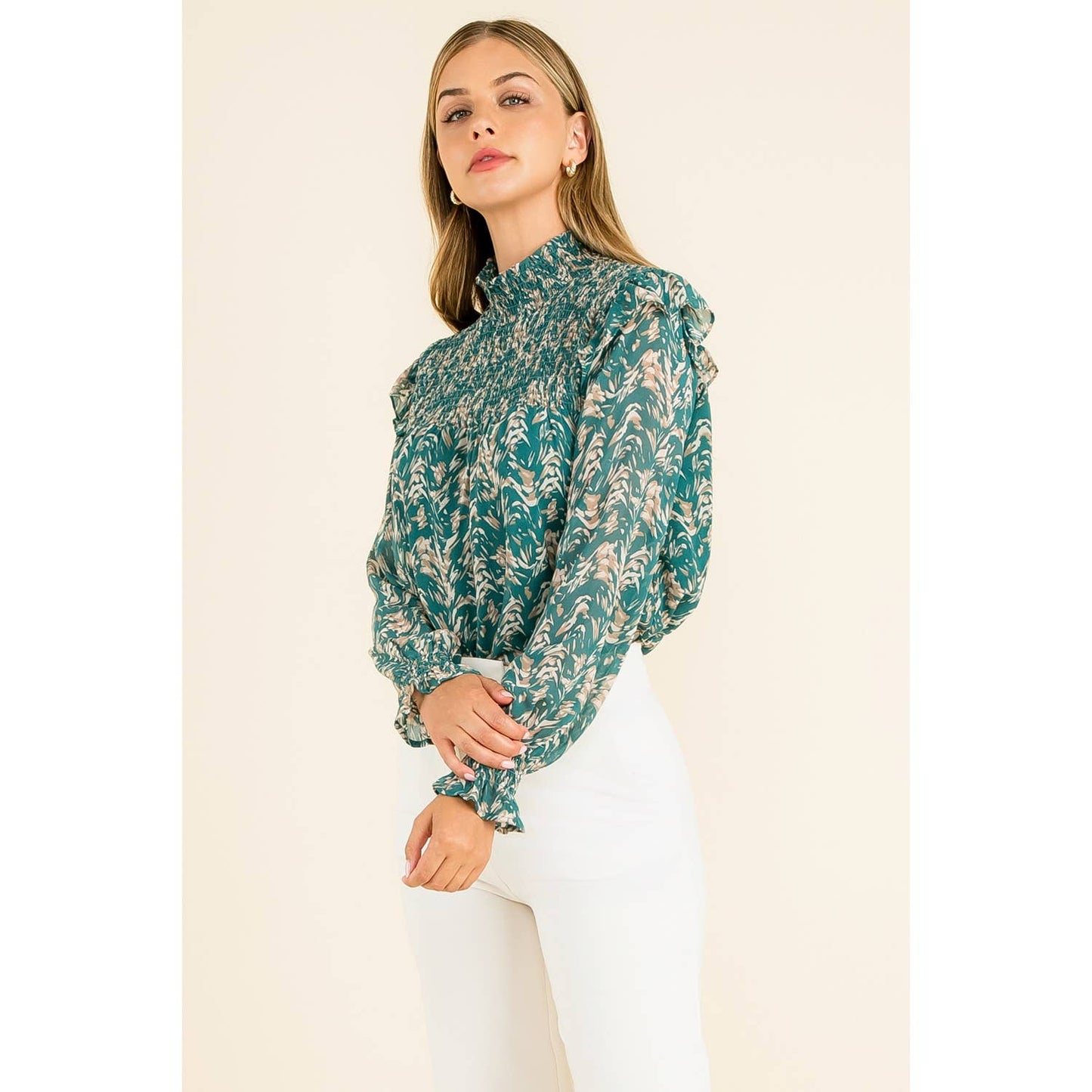 Smocked Print Blouse
