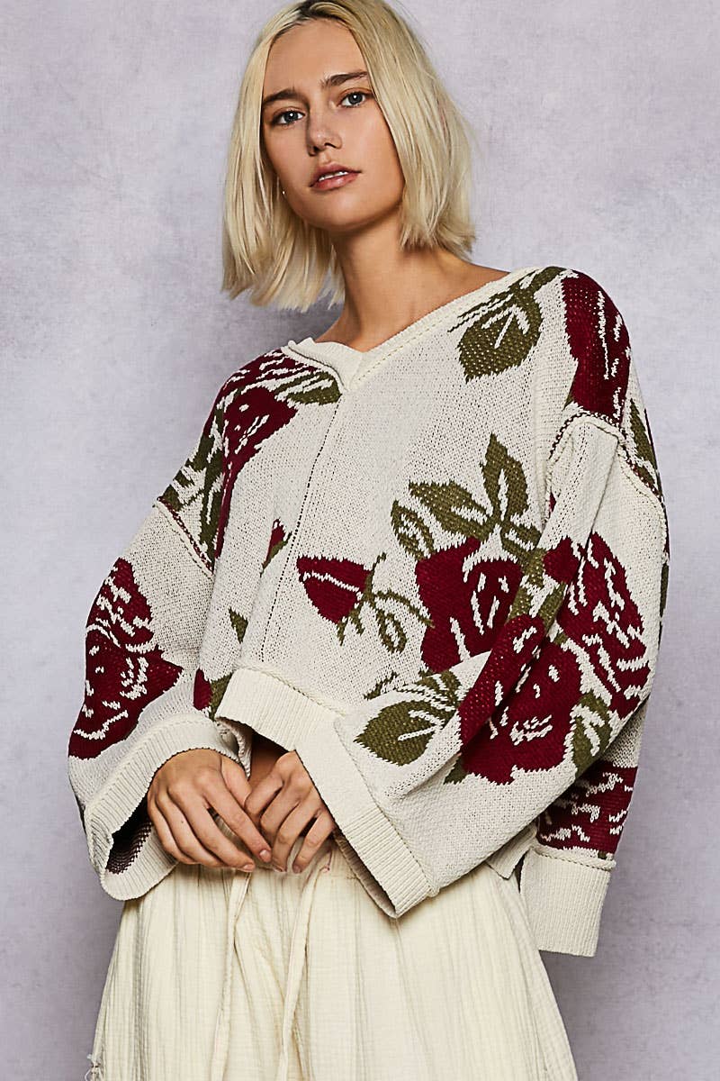 Long sleeve contrast floral exposed seam detail sweater top