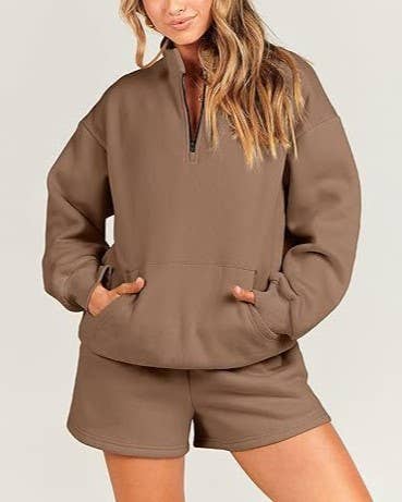 Pocket Zipper-Collar Sweatshirt Shorts Set