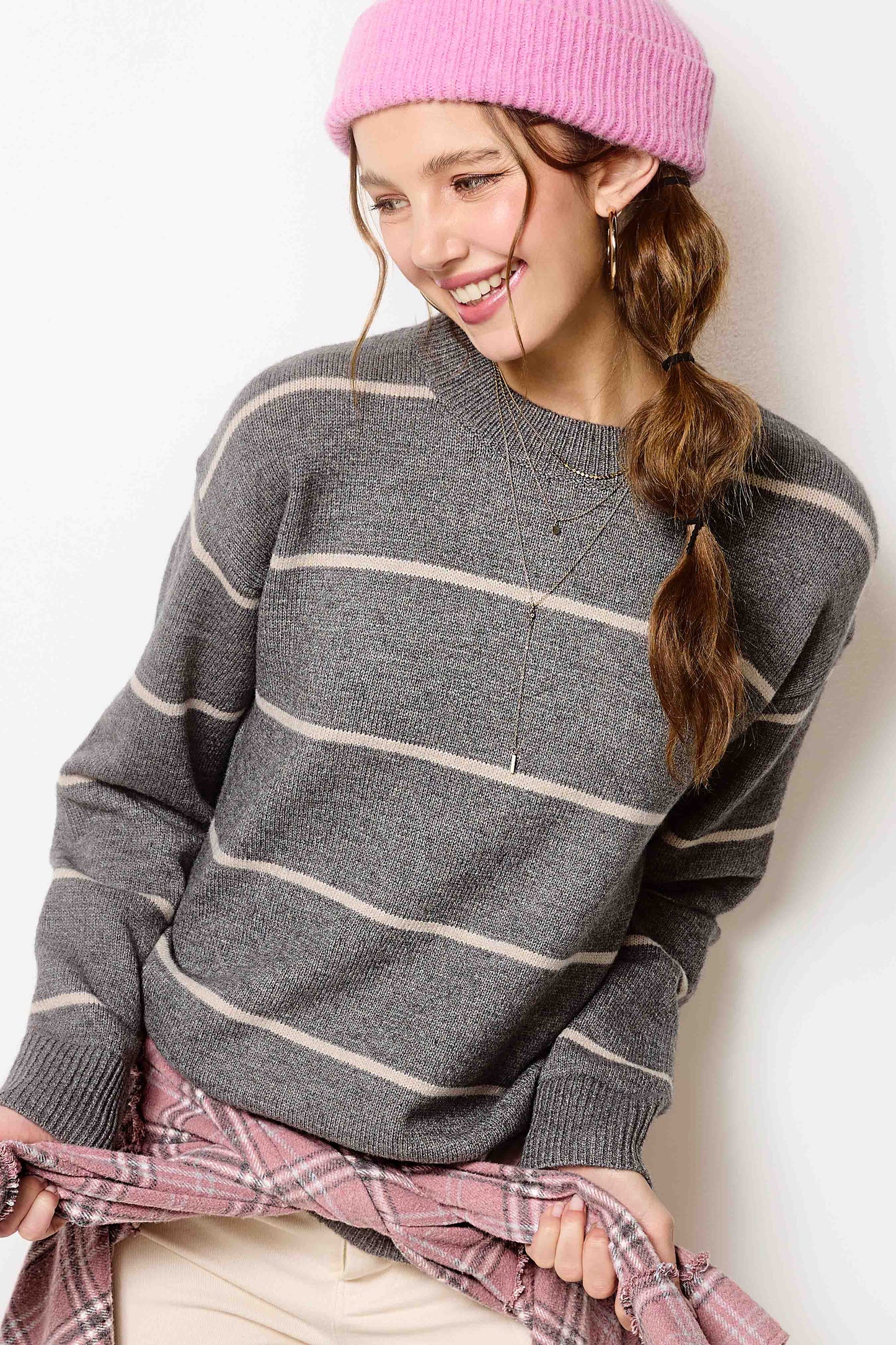 HCS3553-Loose Fit Stripe Long Sleeve Crewneck Sweater