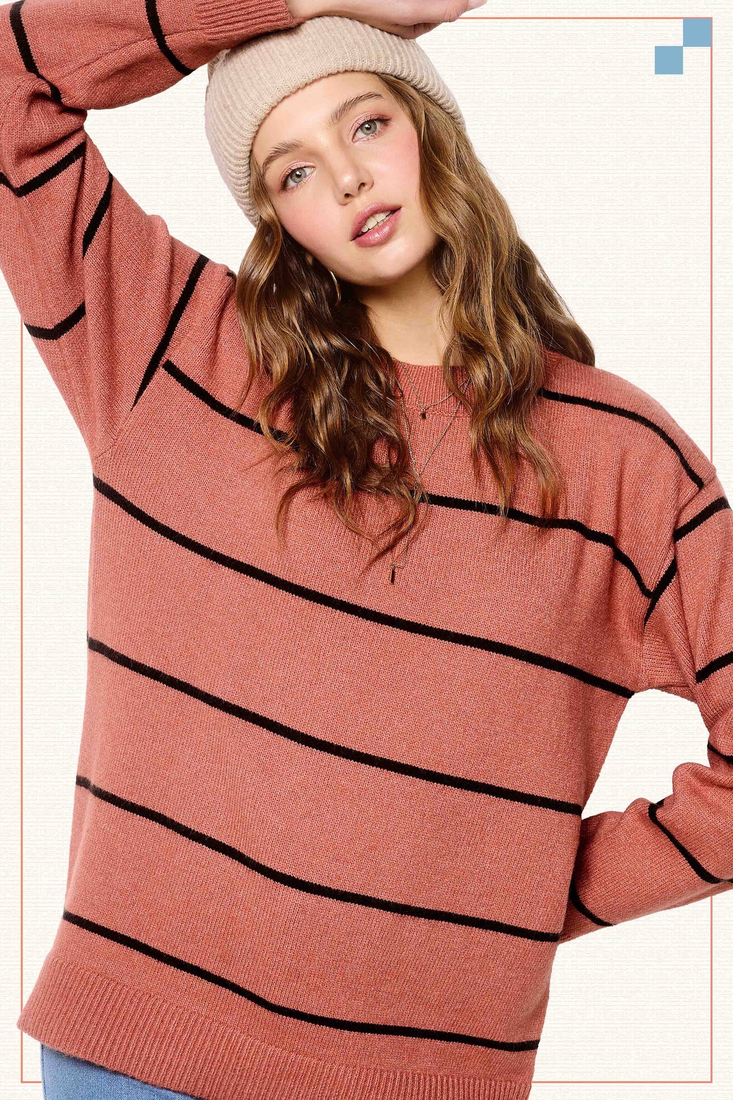 HCS3553-Loose Fit Stripe Long Sleeve Crewneck Sweater