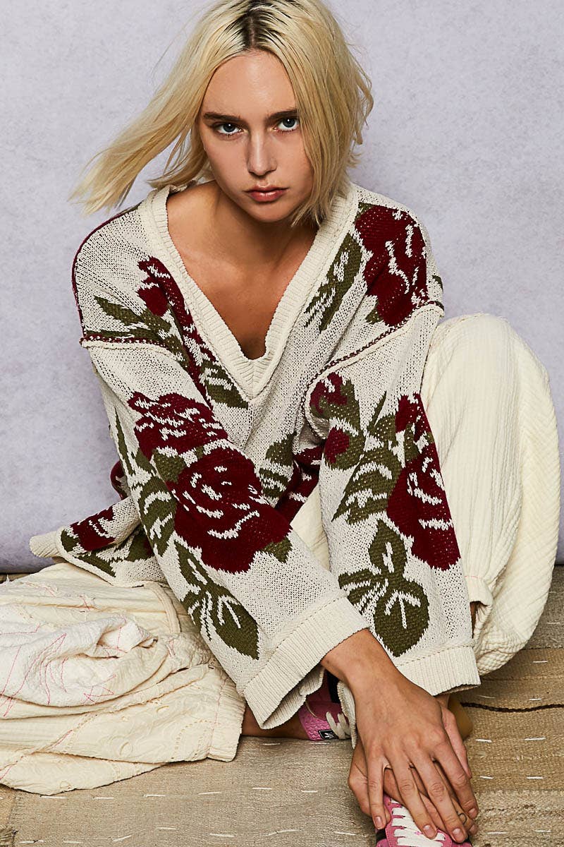Long sleeve contrast floral exposed seam detail sweater top