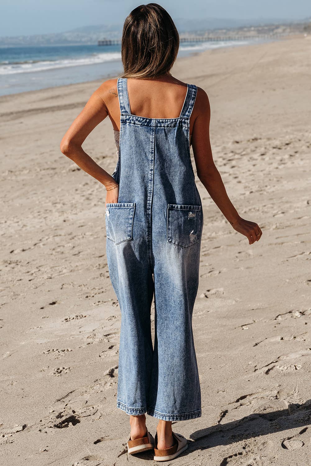 LDC Distressed Bib Pocket Wide Leg Denim Overall