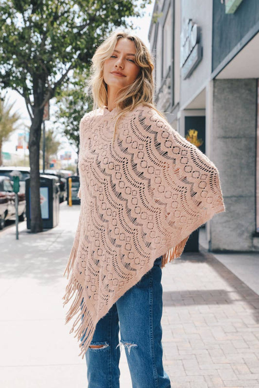 Cozy Scallop Lace Poncho - Boho Knit Wrap in Multiple Colors