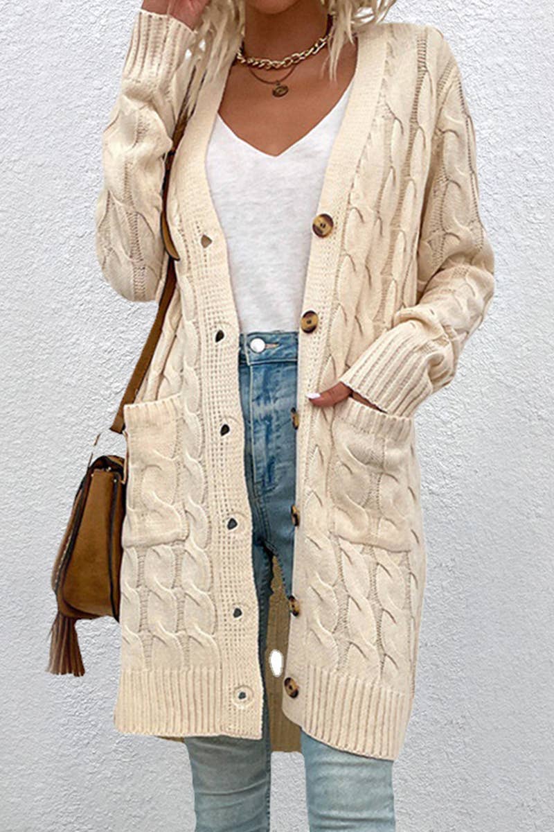 Button Down Cable Crew Neck Pullover Long Sweater