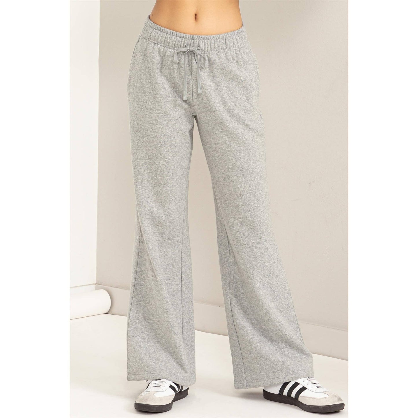 Grey Mid-rise Drawstring Wide Leg Pants