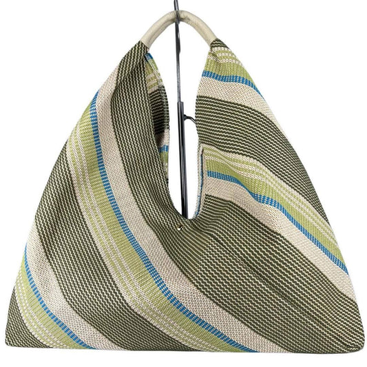 MIGHEO Italian Olive Stripe Leather & Raffia Shoulder Bag