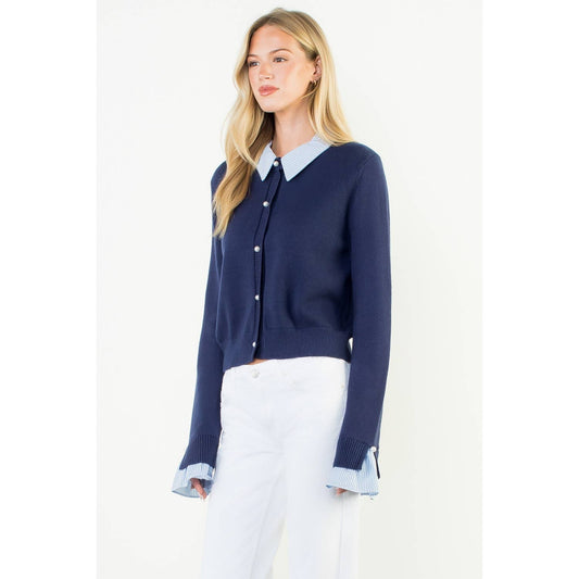 Pearl Button Mixed Media Collared Knit Top