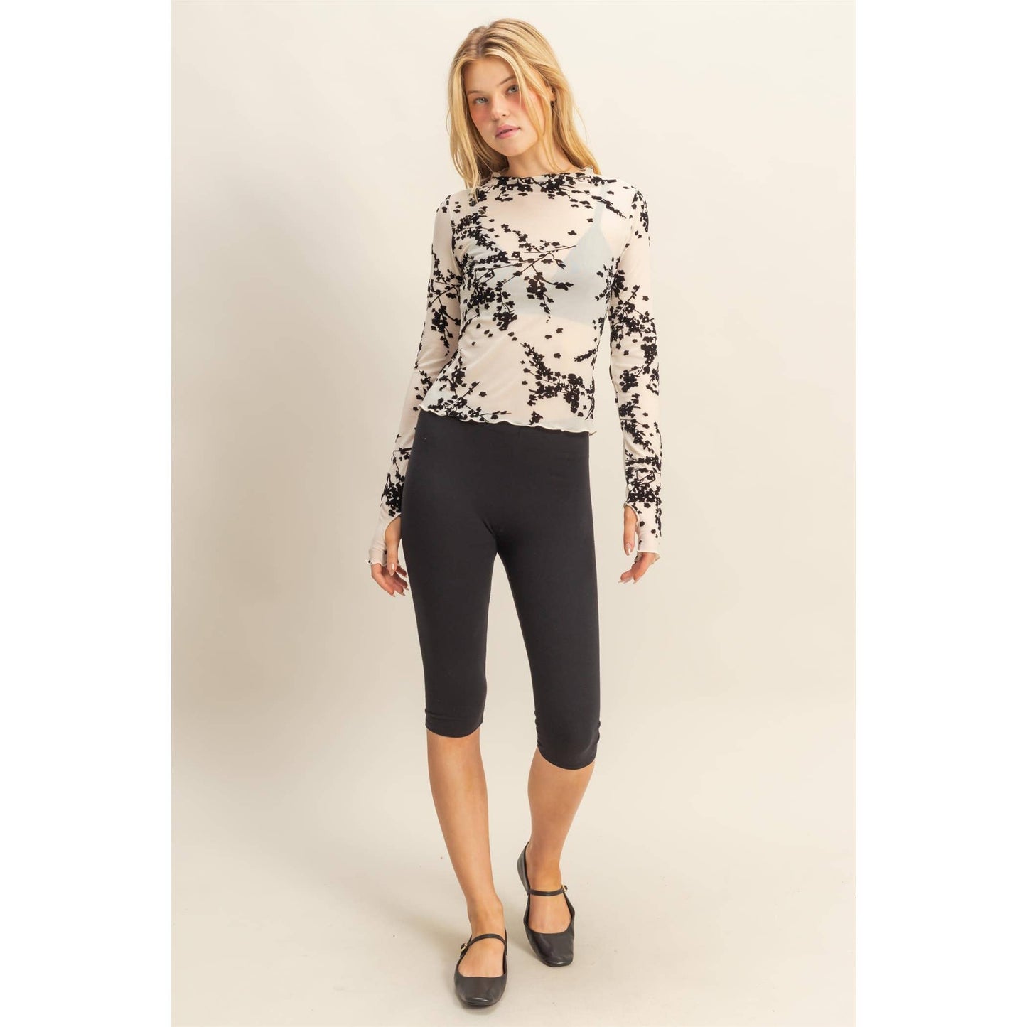 Elegant Long-Sleeve Flocked Mesh Top