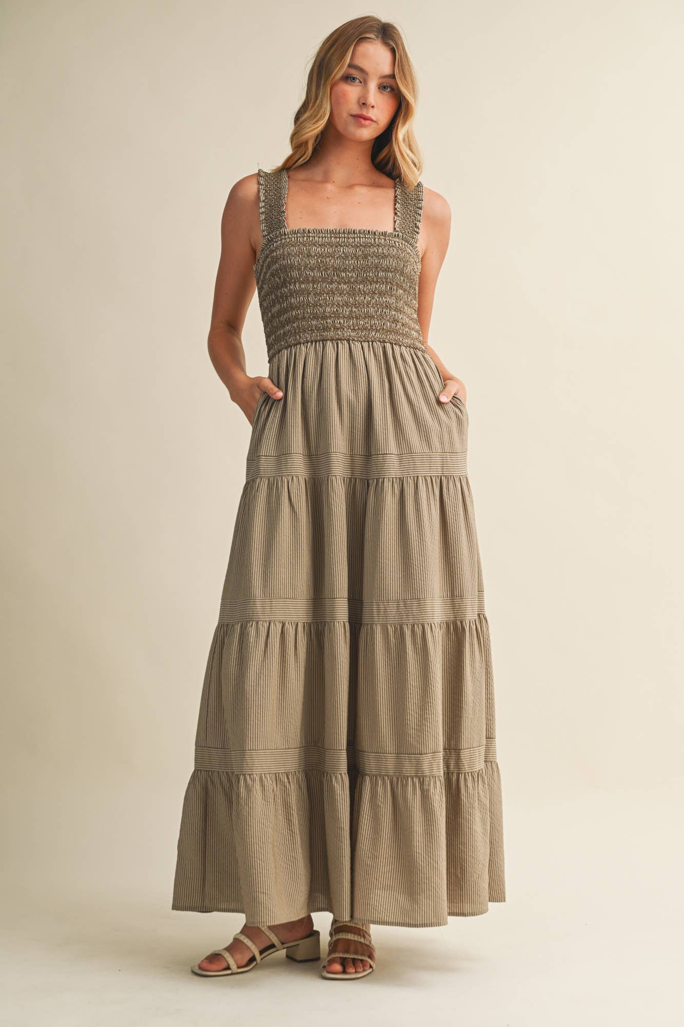 Square Neck Smocked Tiered Maxi Dress
