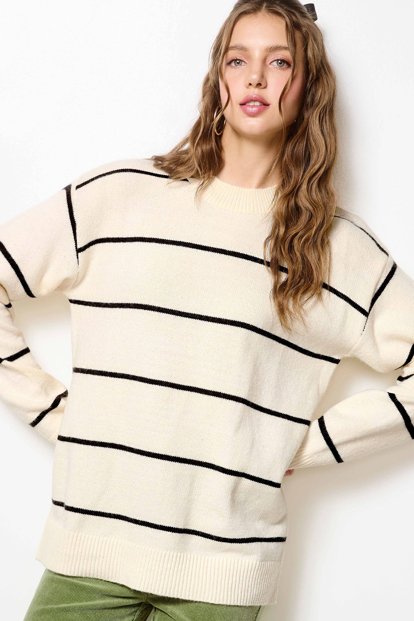HCS3553-Loose Fit Stripe Long Sleeve Crewneck Sweater