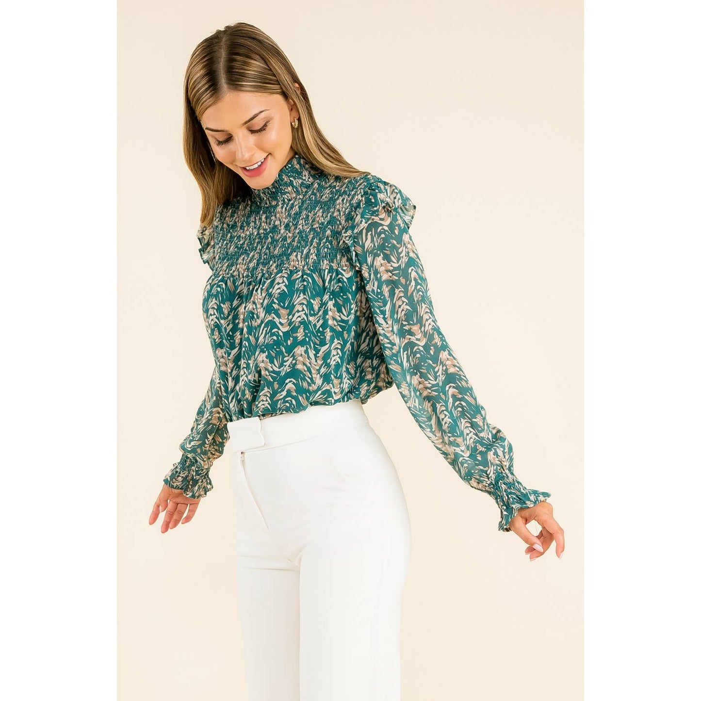 Smocked Print Blouse