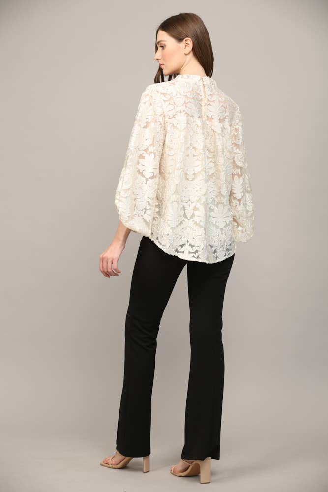 Lurex Burnout Velvet Ruffle V-Neck Blouse Cream