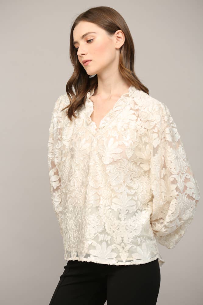 Lurex Burnout Velvet Ruffle V-Neck Blouse Cream