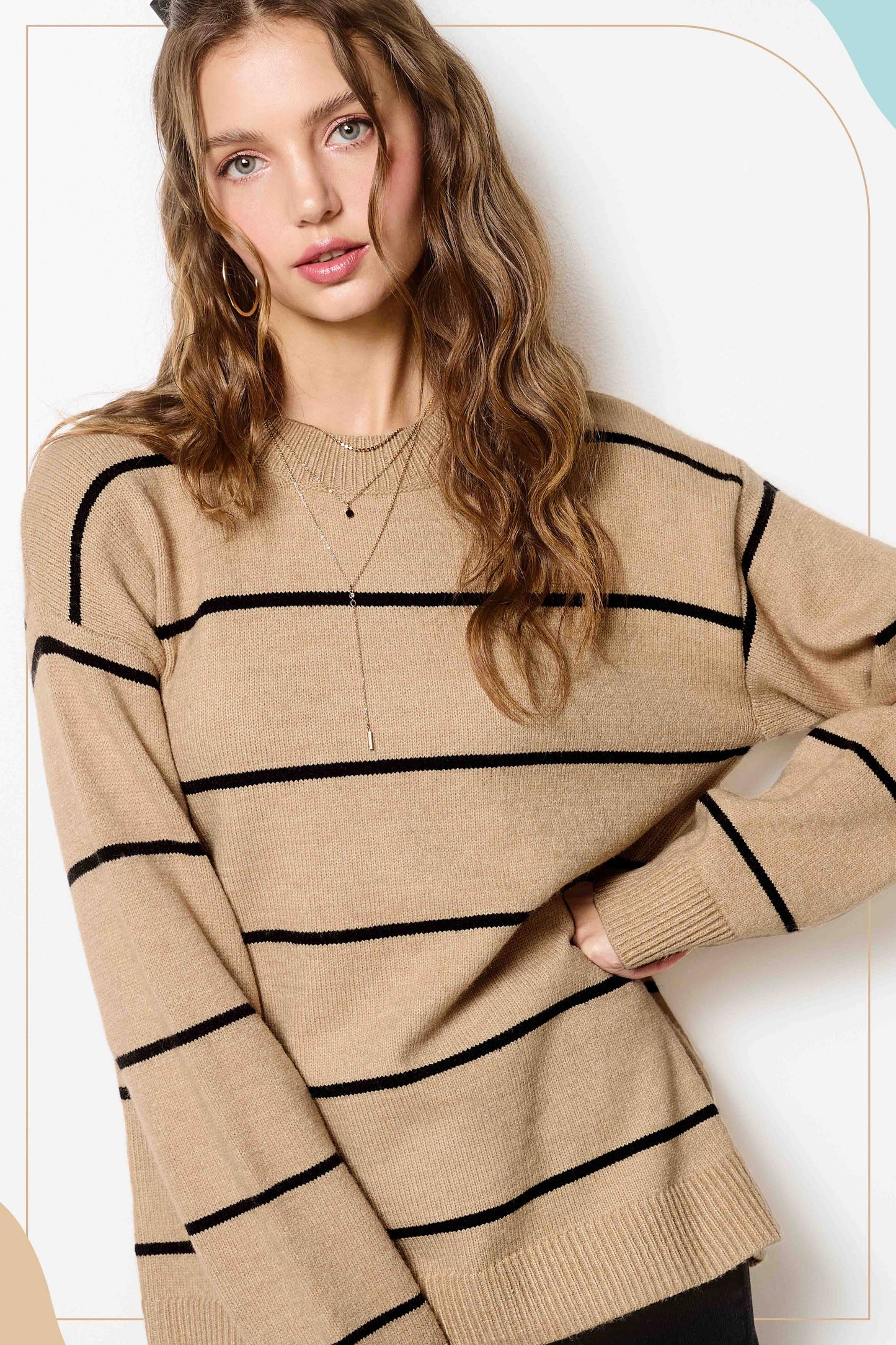 HCS3553-Loose Fit Stripe Long Sleeve Crewneck Sweater