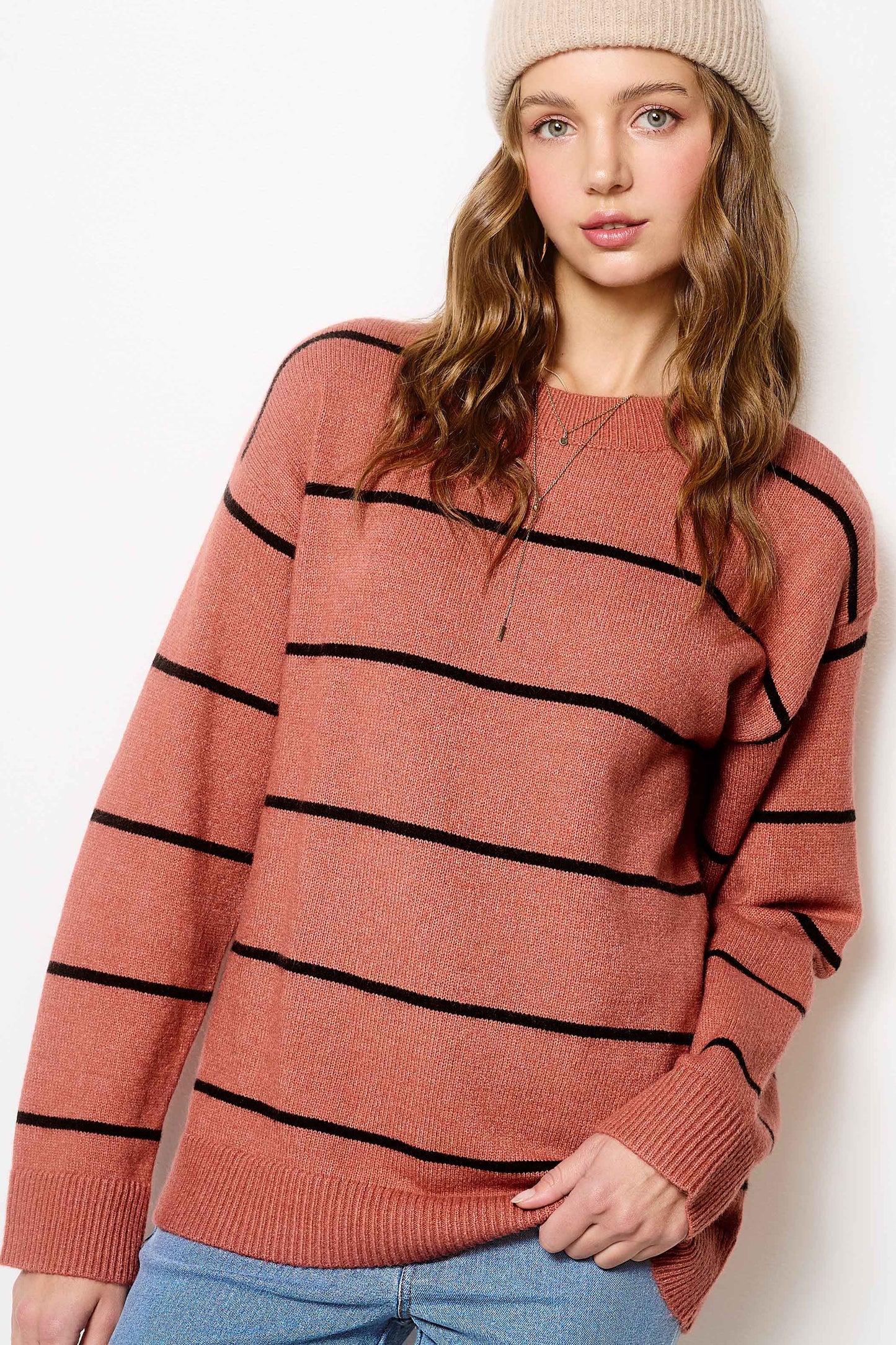 HCS3553-Loose Fit Stripe Long Sleeve Crewneck Sweater