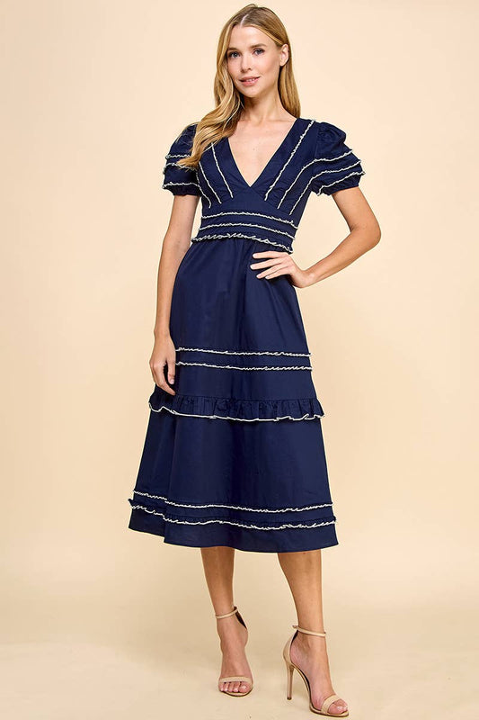 Neckline Striped Midi Dress Navy