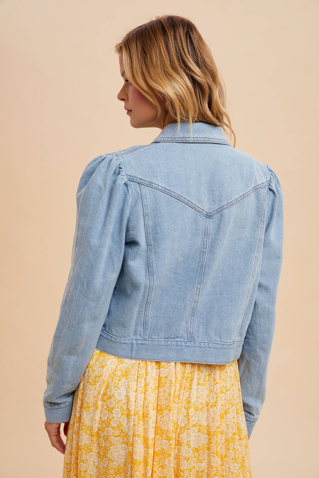 Shirred Sleeve Cropped Denim Jacket