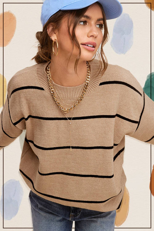 HCS3553-Loose Fit Stripe Long Sleeve Crewneck Sweater