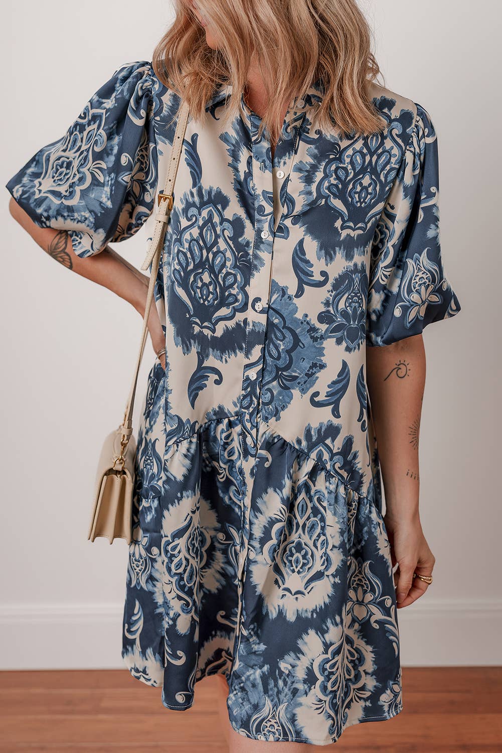 LDC Boho Floral Print Buttoned Collared Loose Fit Mini Dress