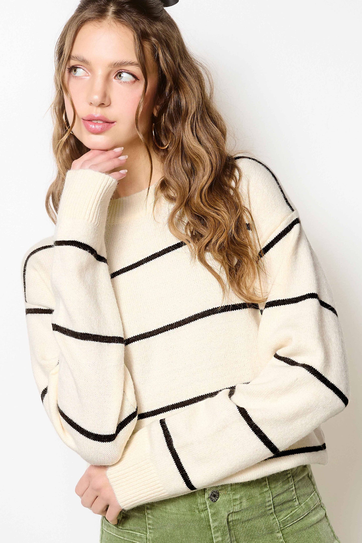 HCS3553-Loose Fit Stripe Long Sleeve Crewneck Sweater