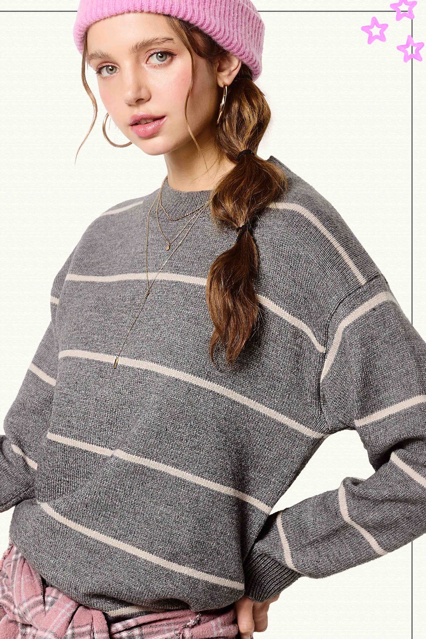 HCS3553-Loose Fit Stripe Long Sleeve Crewneck Sweater