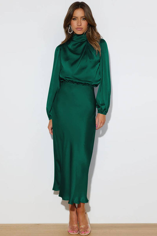 Emerald Satin Long Sleeved Midi Dress