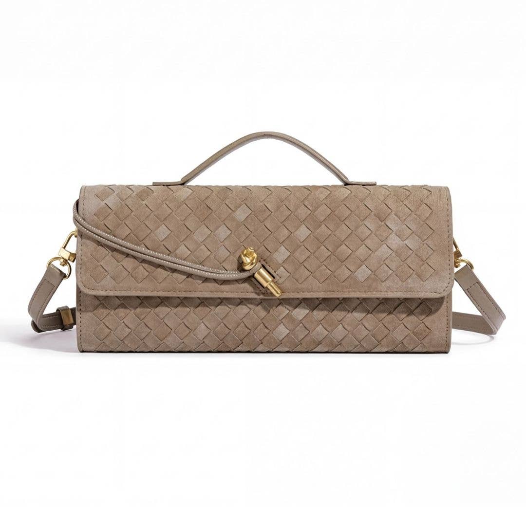 Suede Tan Woven Baguette Bag