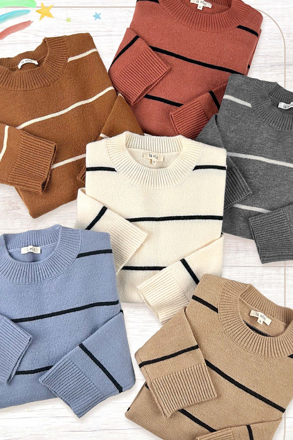 HCS3553-Loose Fit Stripe Long Sleeve Crewneck Sweater