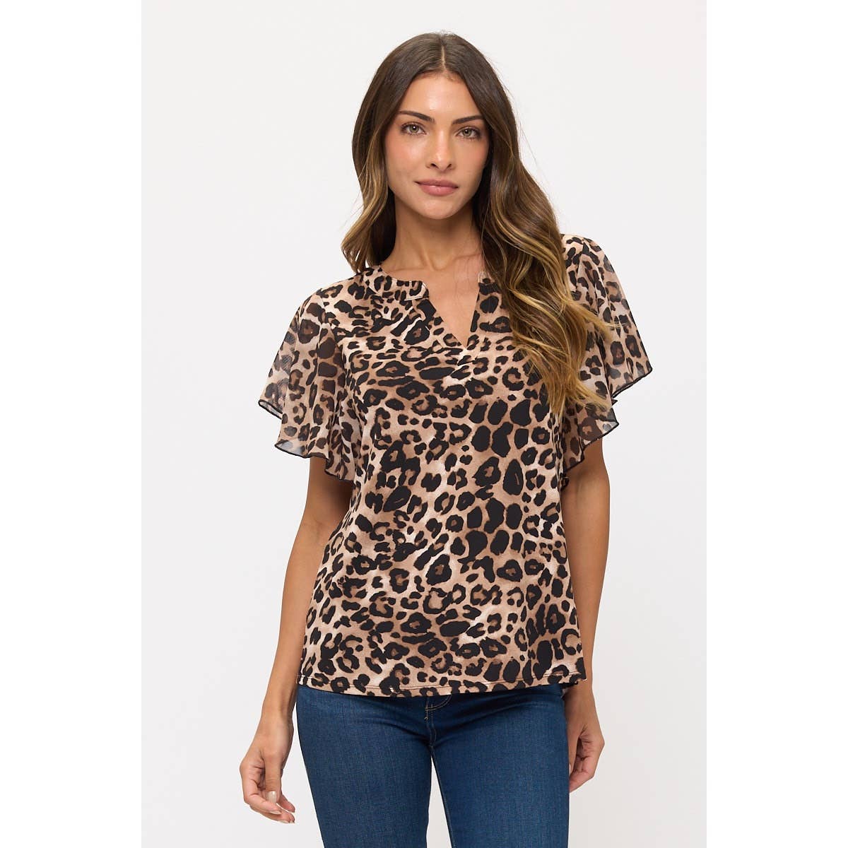 ANIMAL PRINT MIX MEDIA FLUTTER HALF PLACKET BLOUSE