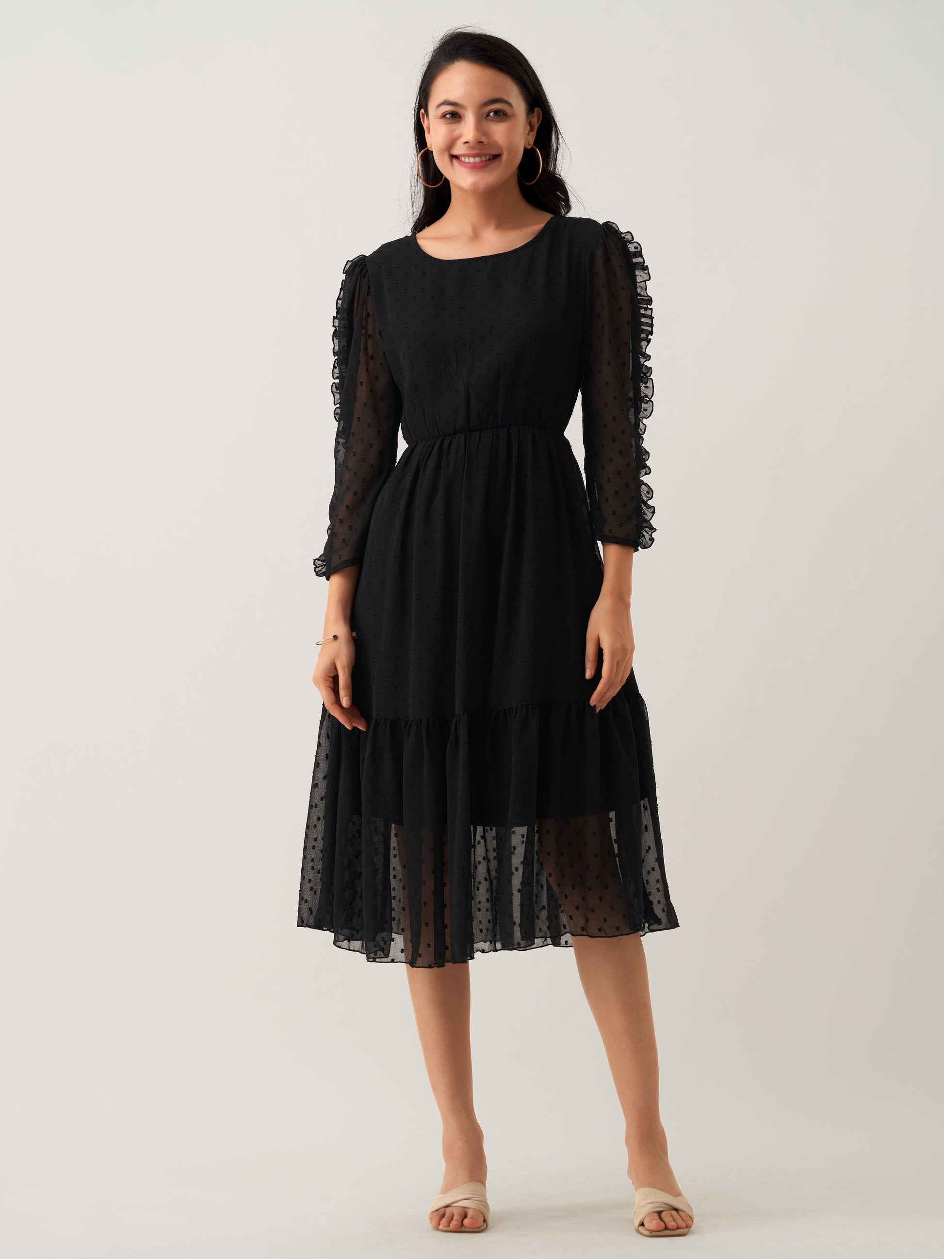 Black Chiffon Brasso Swiss Dot Round Neck Dress - Small Black Chiffon Brasso Swiss Dot Round Neck Dress - Small