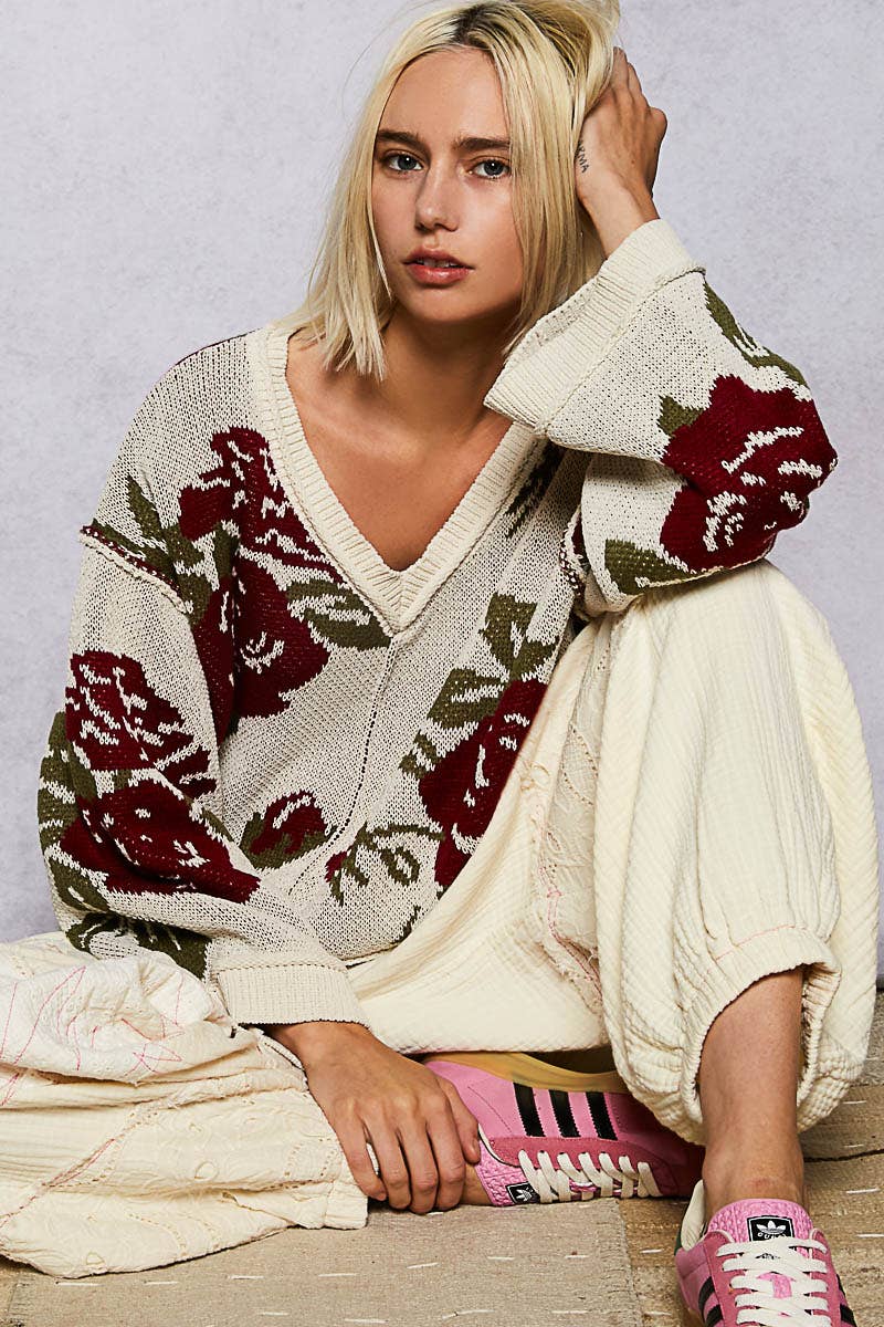 Long sleeve contrast floral exposed seam detail sweater top