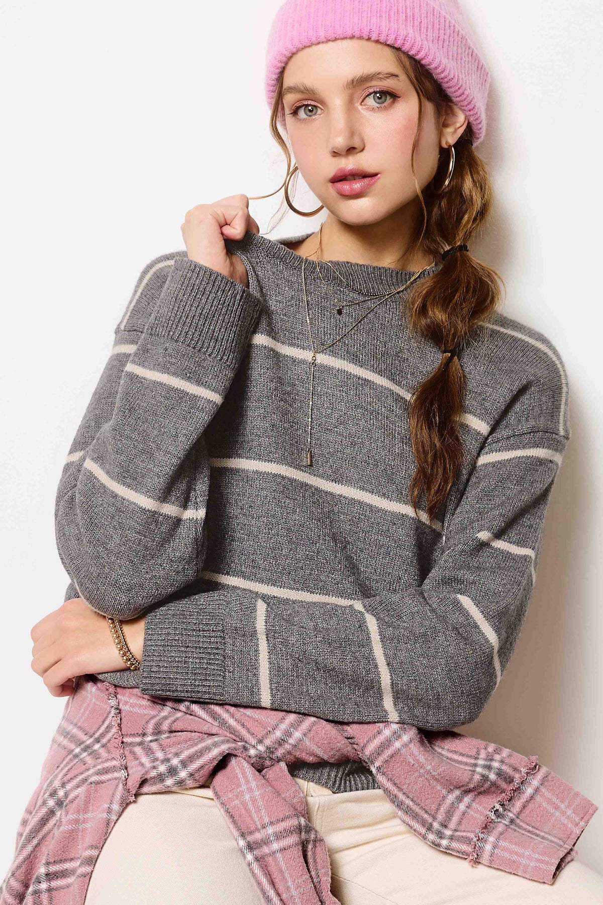 HCS3553-Loose Fit Stripe Long Sleeve Crewneck Sweater