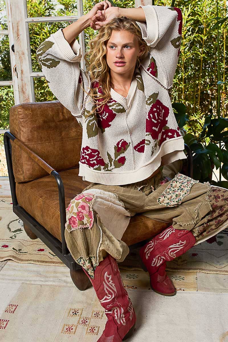 Long sleeve contrast floral exposed seam detail sweater top