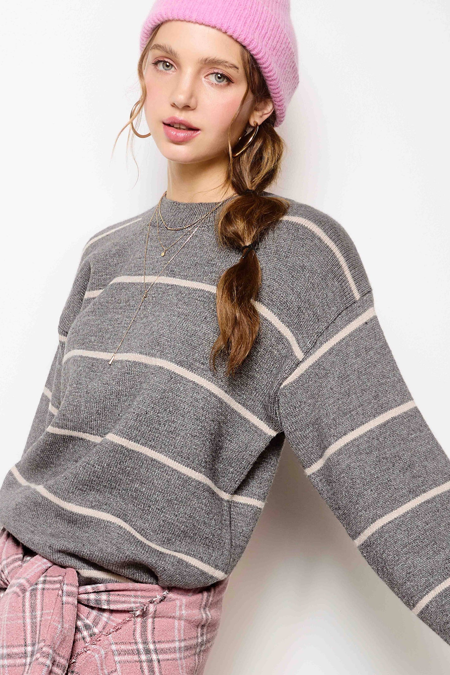 HCS3553-Loose Fit Stripe Long Sleeve Crewneck Sweater